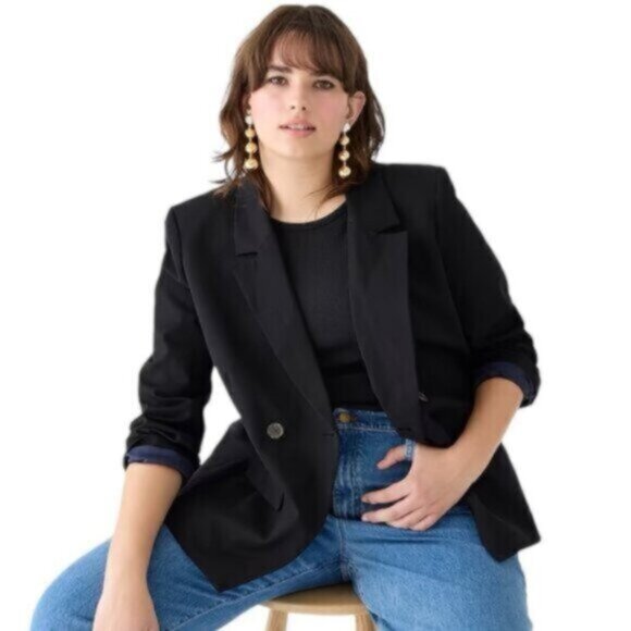 J. Crew Black Devon Bi-Stretch Cotton Blend Double Breasted Blazer